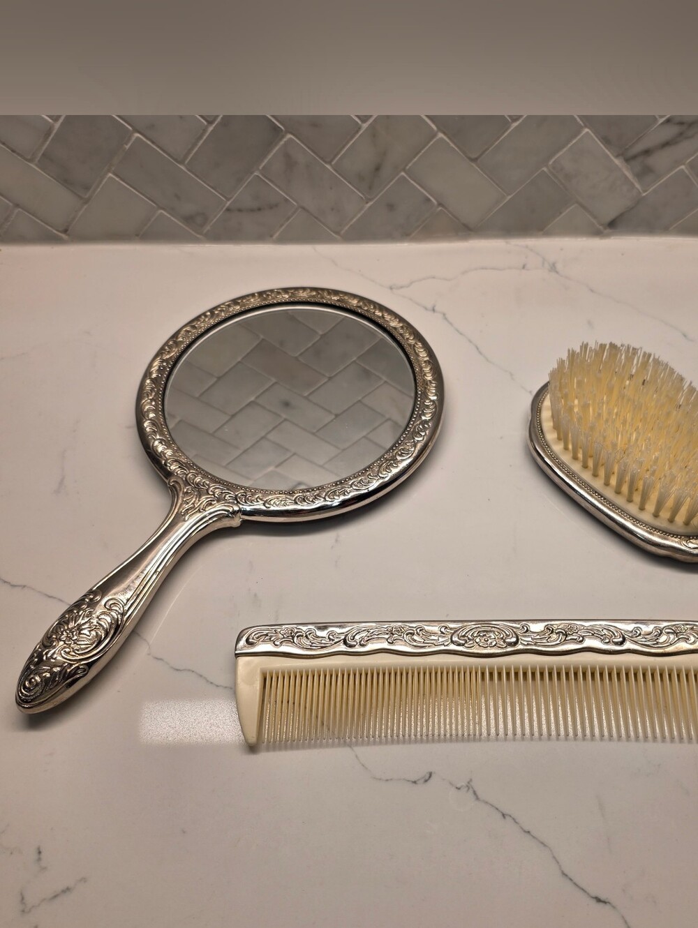 Ornate Silver Hand Mirror, Comb & Brush Vanity Set - Silver Plated and Ivory